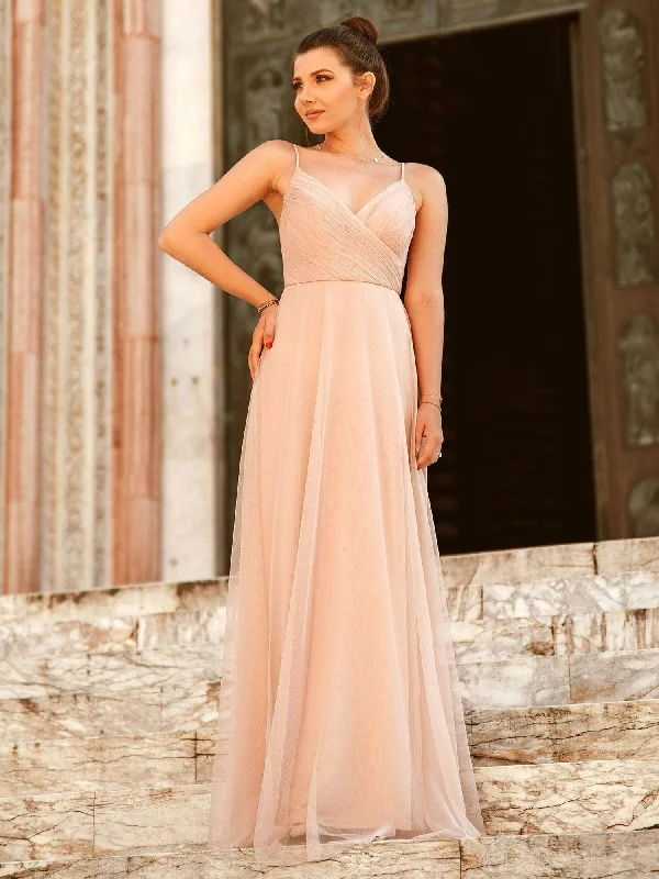 Spaghetti Strap V Neck Maxi Long Tulle Bridesmaid Dresses Tulle Dress Modern