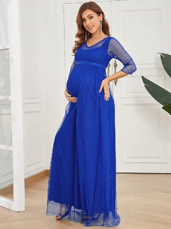 Long Sleeve Polka Dot Tulle Maternity Dress Blue Tulle Dress