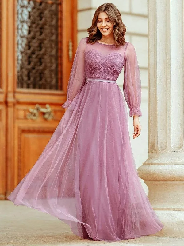 Elegant Floor Length Tulle Bridesmaid Dress with Long Sleeve A-line Tulle Gown