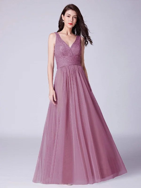 V Neck Ruched Waist Long Tulle Bridesmaid Dress Glitter Tulle Dress