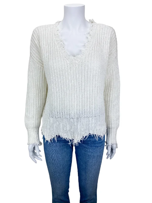 Evereve Roan + Ryan Women's Distressed V-neck Sweater Ivory Size S Comfortable sweaters for all seasons