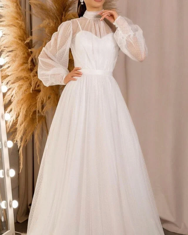 Flowy Tulle Long Sleeve Boho Wedding Dress Silk Wedding Gown