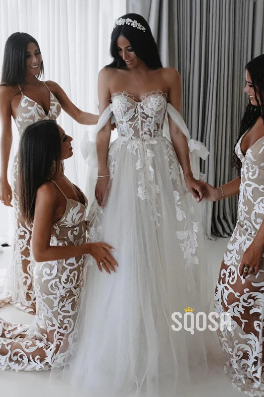 A-line Sweetheart Lace Appliques Rustic Wedding Dress Bridal Gown QW0868 Soft Satin Bridal