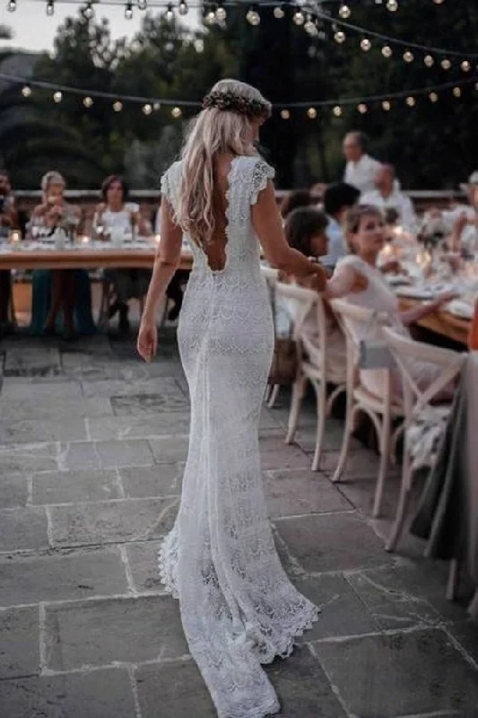 Backless Lac Mermaid Wedding Dresses Cap Sleeve Bohemian P3PZ72T6 Lace Wedding Dress