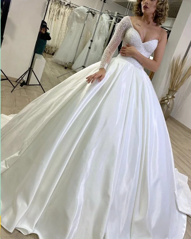 Ball Gown Satin Wedding Dress One Shoulder With Sparkles Lace A-line Dress