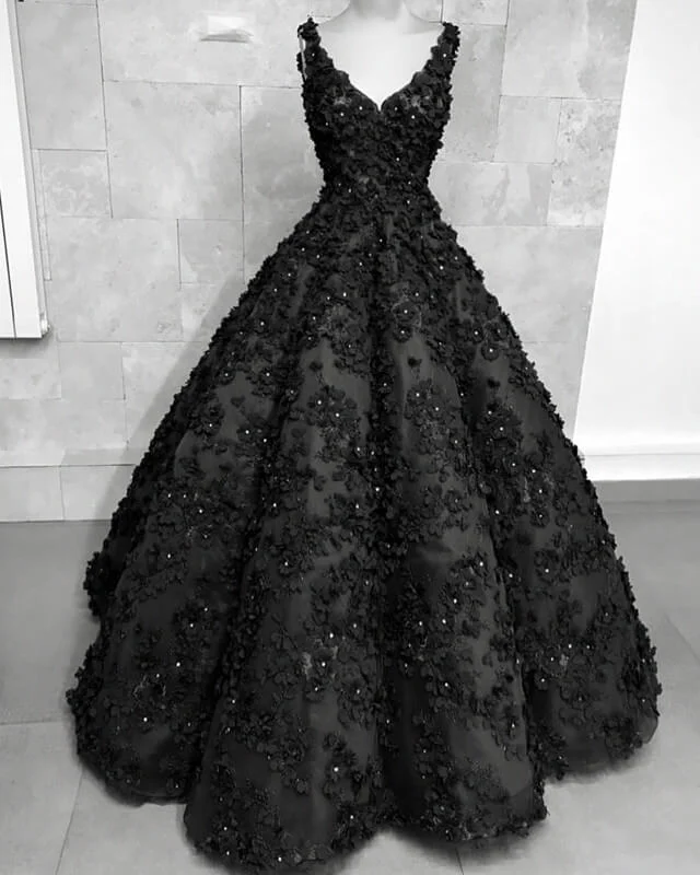 Black 3D Flowers Wedding Dresses V-neck Ball Gown Modern Lace Gown