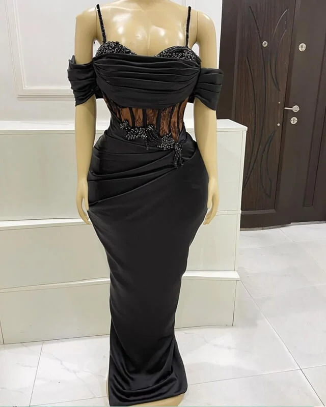 Black Mermaid Corset Prom Dresses Appliques Beaded Luxury Lace Gown