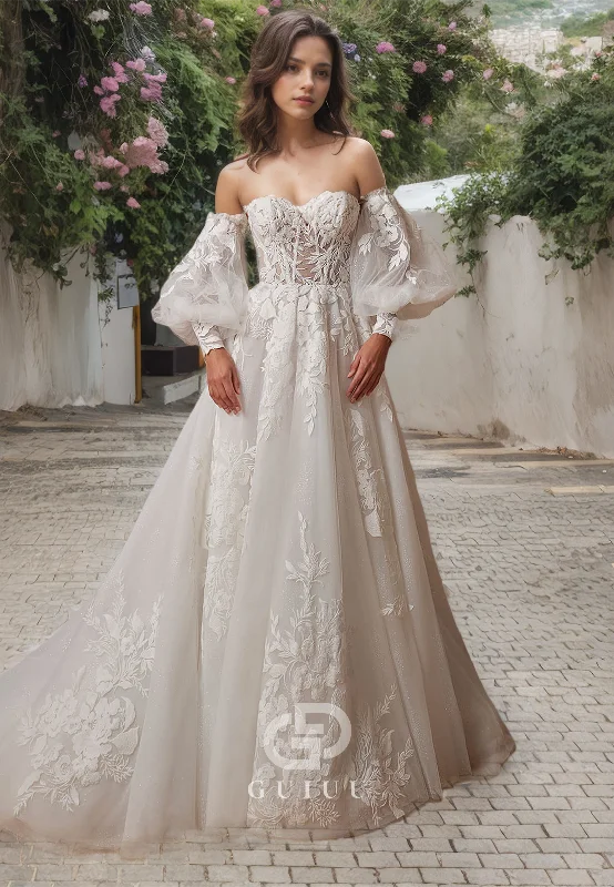 A-Line Off Shoulder Long Sleeves Appliques Back Zipper Wedding Dress Vintage Wedding Gown