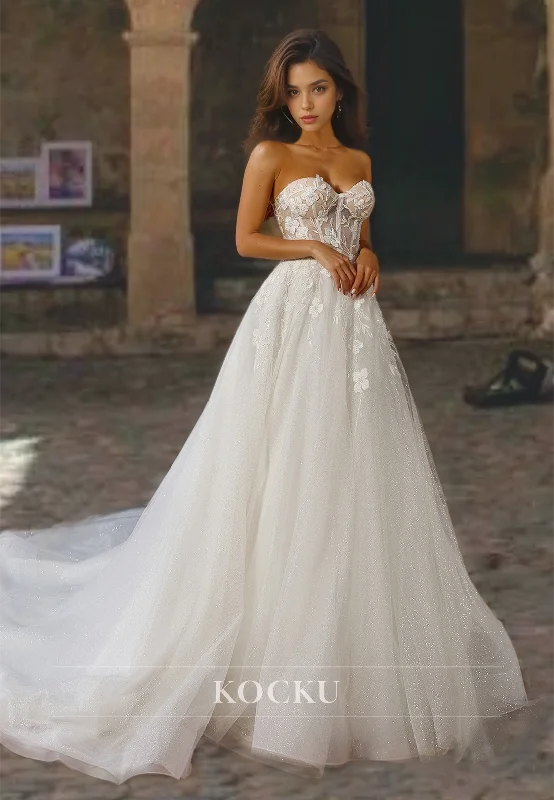 Sweetheart A-Line Sleeveless Tulle Appliques Wedding Dress with Court Train Bridal Dress Ruffle Wedding Gown