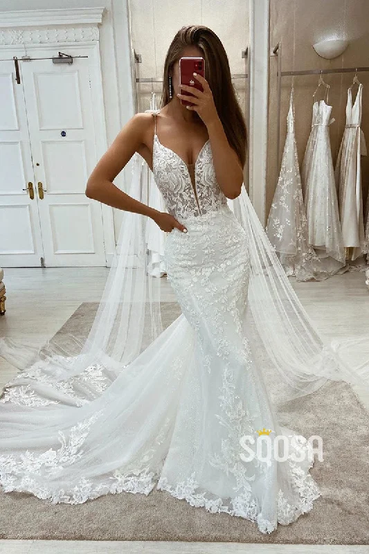 Plunging V-neck Spaghetti Straps Lace Wedding Dress Mermaid Gown with Overlay QW2581 Ball Gown Wedding