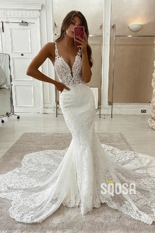 Attractive Deep V-neck Ivory Lace Wedding Dress with Court Train Mermaid Gown QW2594 Floral Bridal Gown