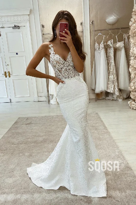 Plunging V-neck Exquisite Lace Wedding Dress Mermaid Gown QW2596 Satin Lace Gown