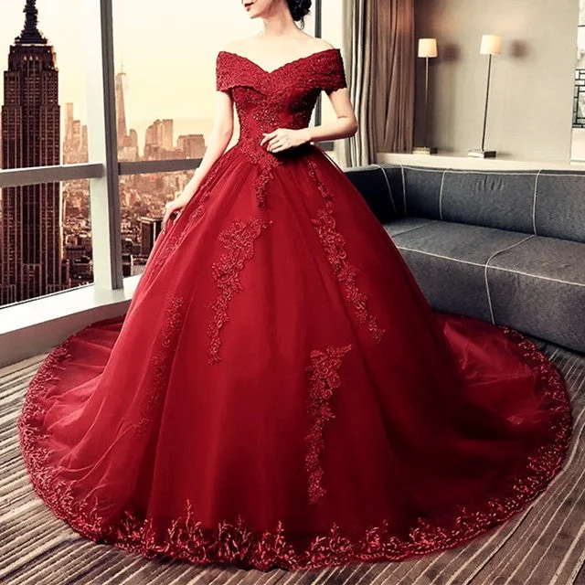 Elegant Lace Off Shoulder Royal Train Maroon Wedding Dresses Satin Wedding Dress