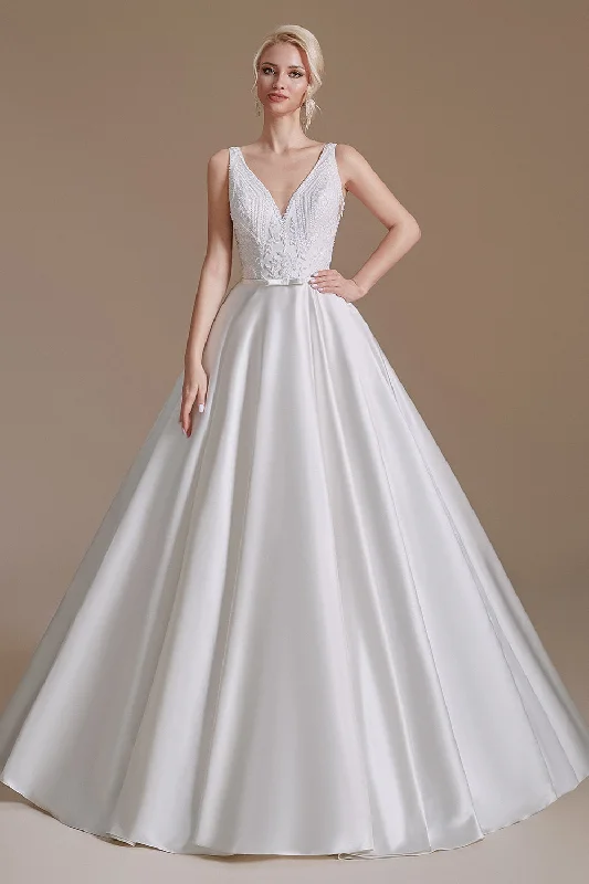 Elegant Long A-Line Sleeveless Satin Wedding Dress Chic Lace Dress