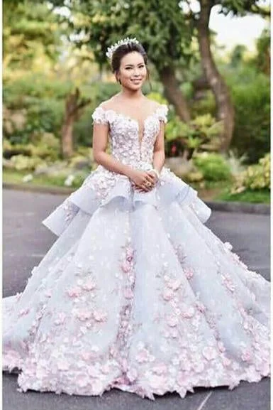 Floral Ball Gown Off the Shoulder Layered Custom Made Quinceanera Dress Wedding Dress Romantic Wedding Dress