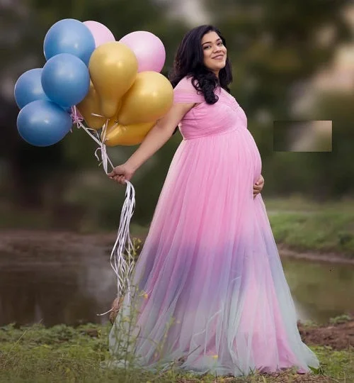 G322, Pink Multi Shade Maternity Shoot  Gown, Size (All) Simple Satin Gown