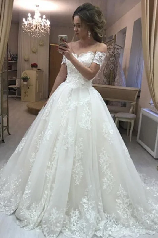 Gorgeous Ball Gown Off the Shoulder Sweetheart Open Back Tulle Lace Wedding Dresses uk WK205 Romantic Satin Dress