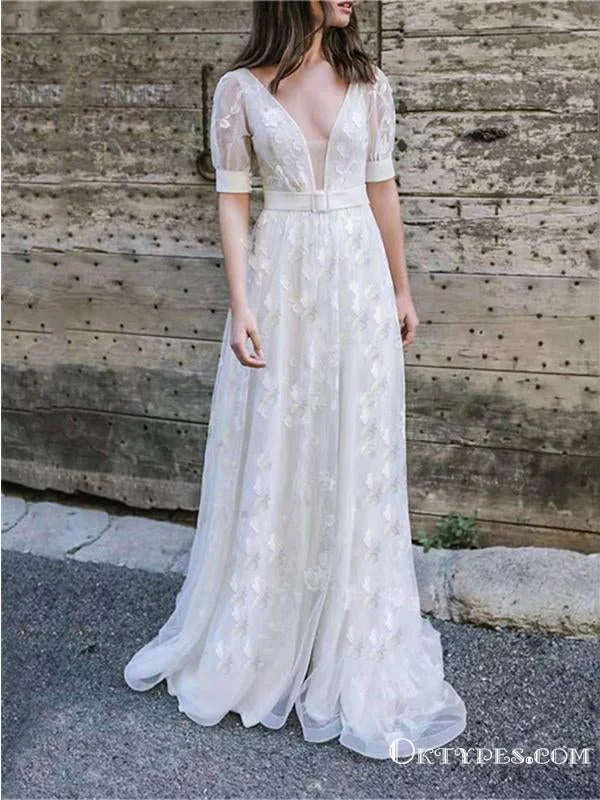 New Arrival Charming Elegant V-neck Short Sleeve Sexy V-back Lace A-line Long Cheap Wedding Dresses, WDS0002 Chic Bridal Gown