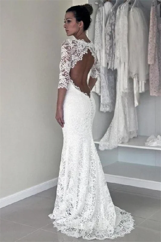 Sheath Long Mermaid Open Back Ivory Wedding Dresses PQAJC7P4 Full Skirt Wedding