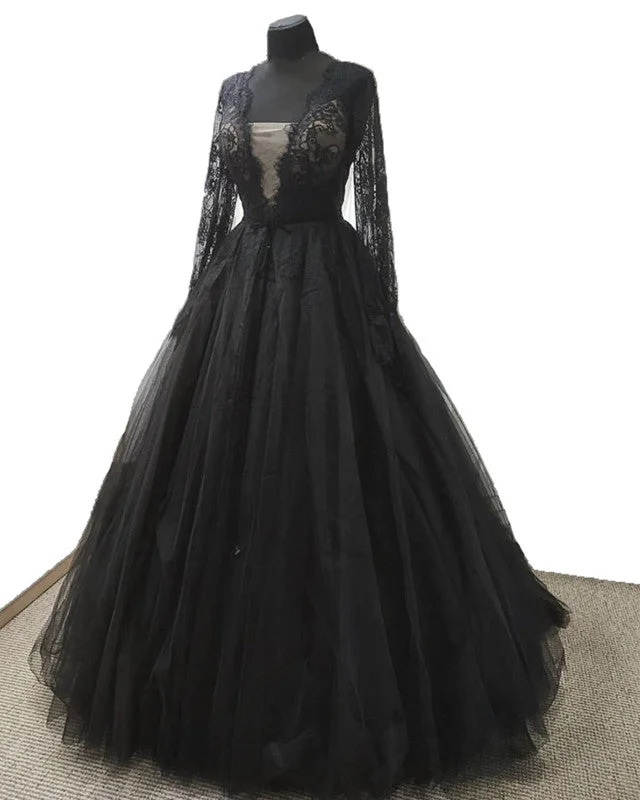 Black Lace Long Sleeve Tulle Wedding Dress Lace Back Wedding