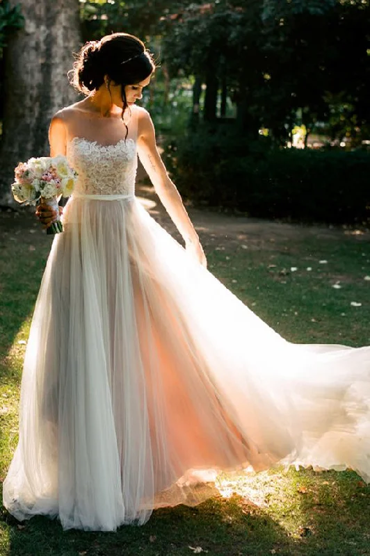 A Line Sweep Train Sheer Neck Layers Tulle Appliques Wedding Dresses Sexy Lace Gown