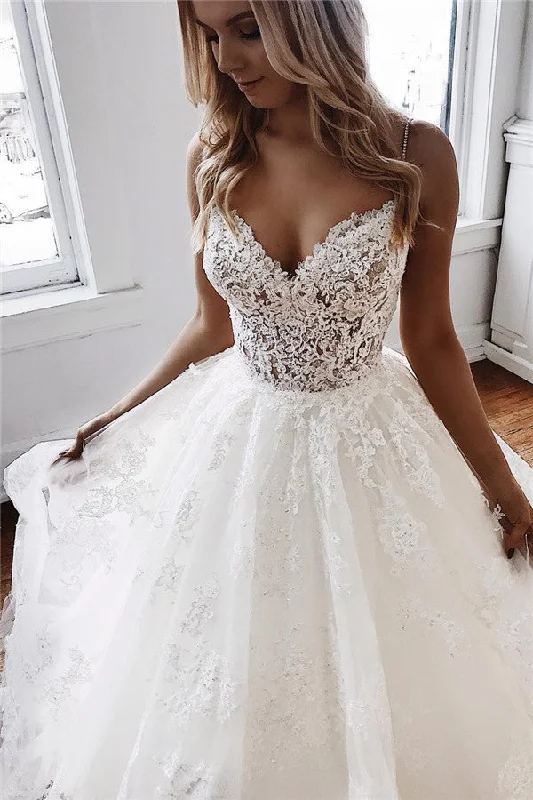 White Cap Sleeves A-line Wedding Dress V-Neck With Lace Chiffon Simple Wedding Dress