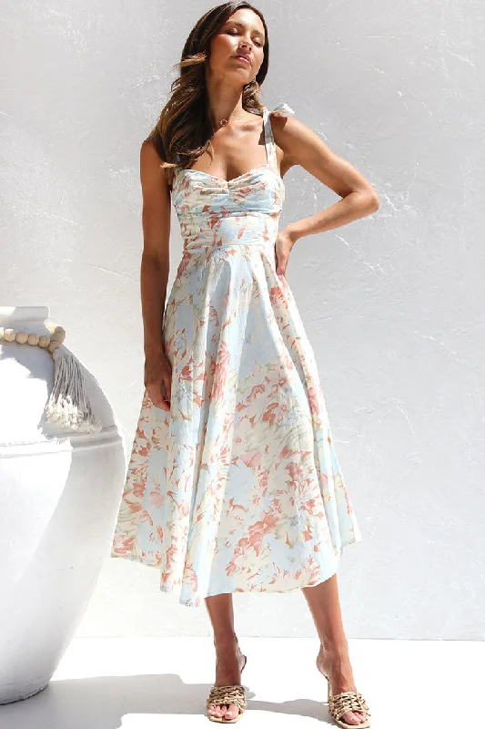 Breezy Tie Strap Fit & Flare Floral Printed Summer Midi Sundress - Light Blue Vacation midi dresses