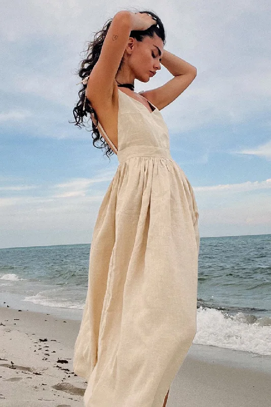 Breezy V Neck Tie Strap Fit & Flare Backless Summer Cotton Midi Sundress Boho midi dresses