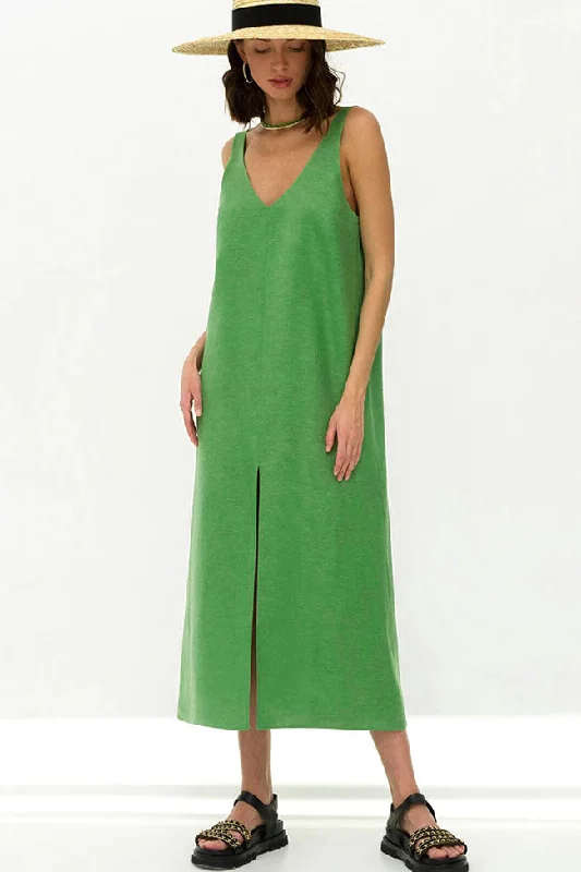 Casual V Neck Front Split Sleeveless Linen Blend Midi Sundress - Green A-line midi dresses