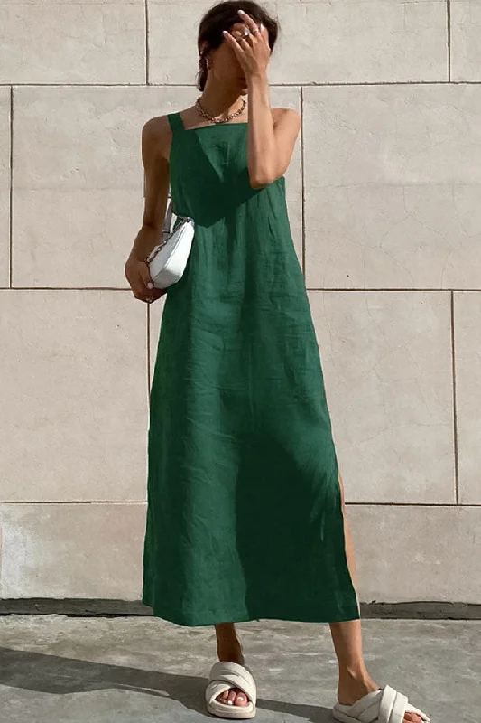 Chic Square Neck A Line Linen Blend Split Summer Midi Sundress - Green Office midi dresses