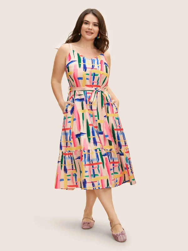 Colored Brush Print Belted Midi Cami Dress Best value midi dresses