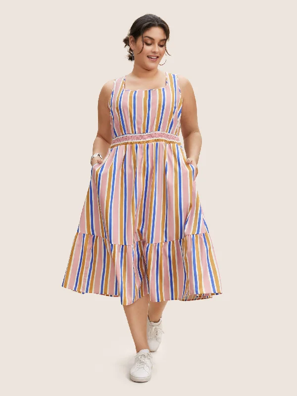 Contrast Striped Shirred Ruffle Hem Midi Dress Budget-friendly midi dresses