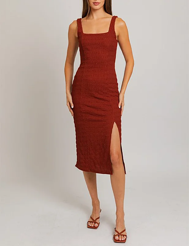 Farrah Red Clay Textured Midi Dress Luxury midi dresses