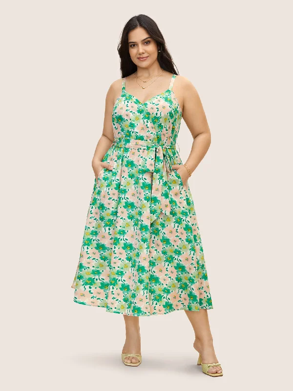 Floral Surplice Neck Belted Midi Dress Lightweight midi dresses for hot weather