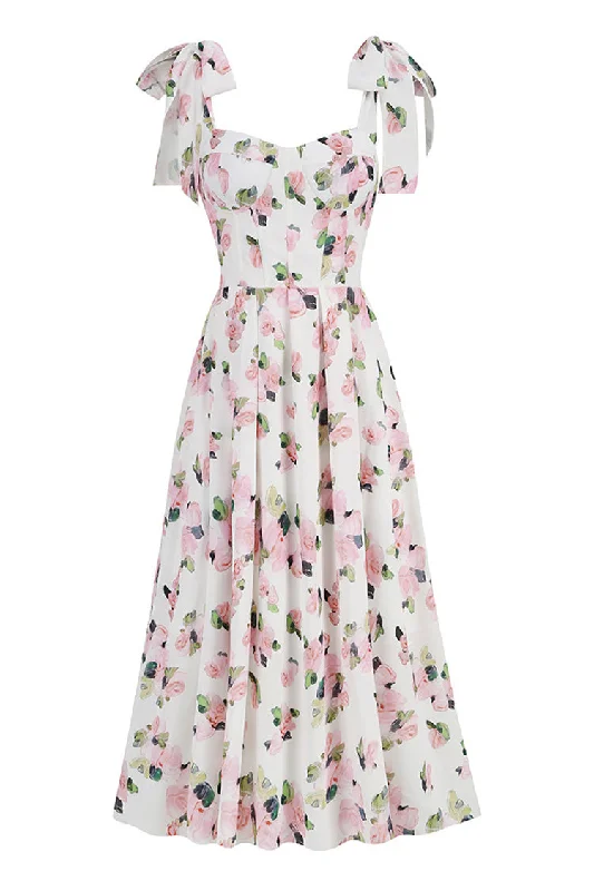 Flowy Floral Tie Strap Sweetheart Bustier Lace Up Fit & Flare Midi Sundress Tiered midi dresses