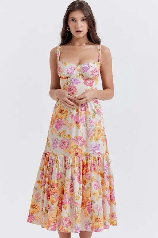 French Sweetheart Fit and Flare Ruffle Floral Printed Midi Sundress - Beige Minimalist midi dresses