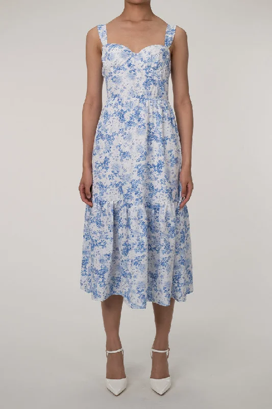 French Sweetheart Fit and Flare Ruffle Floral Printed Midi Sundress - Blue Leather midi dresses