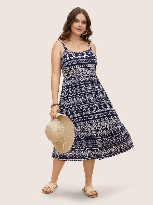 Geometric Bandana Print Elastic Waist Midi Dress Best midi dresses for summer vacation