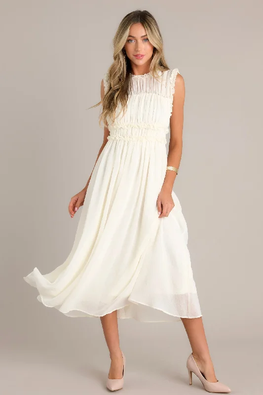 Graceful Gathering Ivory Sleeveless Midi Dress Revolve midi dresses