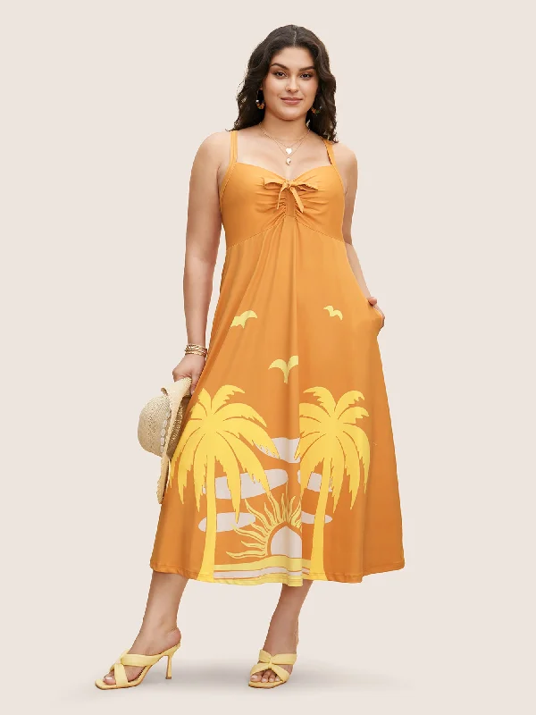 Heart Neckline Tropical Print Tie Knot Midi Dress Best midi dresses for formal events