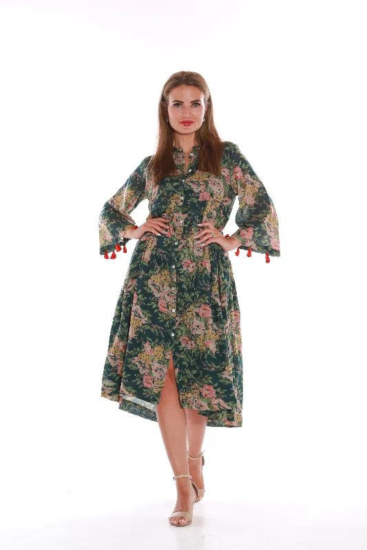 Pure Cotton Long sleeve floral print midi dress- Dark green High-end midi dresses