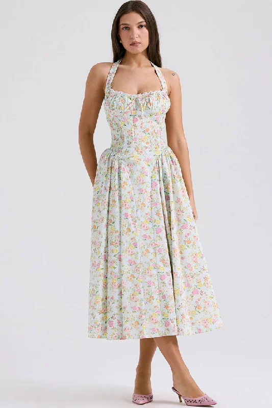 Sexy Bow Tie Halter Neck Pocket Smocked Summer Floral Midi Sundress - Green Affordable midi dresses