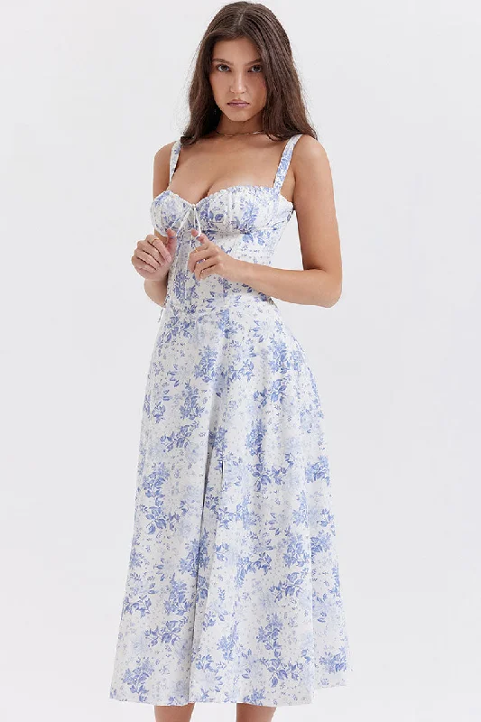 Sexy Floral Tie Front Lace Up Back Fit & Flare Split Midi Sundress - Blue Silk midi dresses