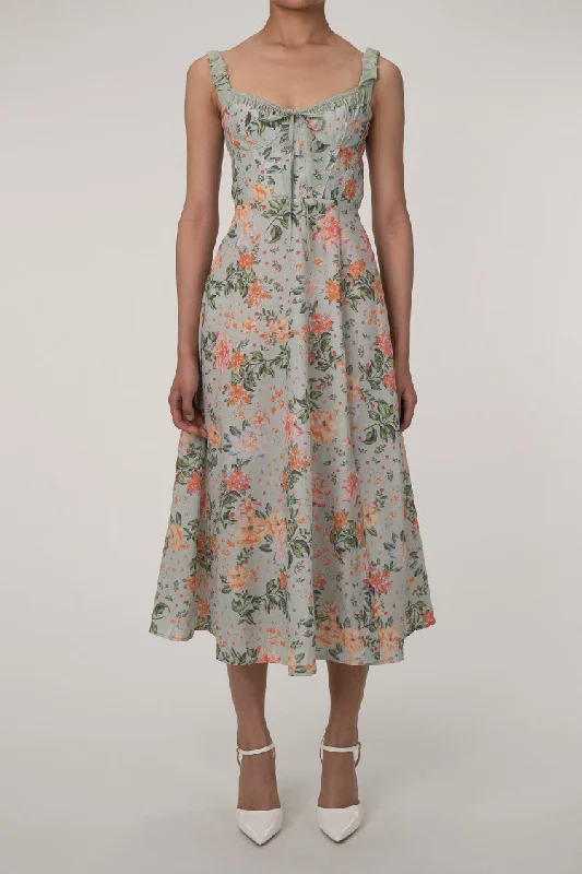 Sexy Tie Neck High Split Floral Printed Summer Midi Sundress - Green Y2K midi dresses