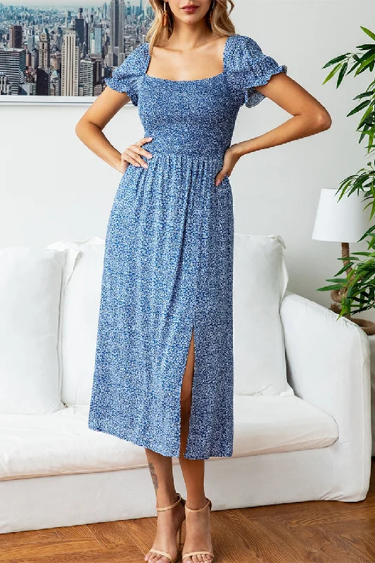 Square Neck Blue Midi Dress with Puff Sleeves Wedding guest midi dresses