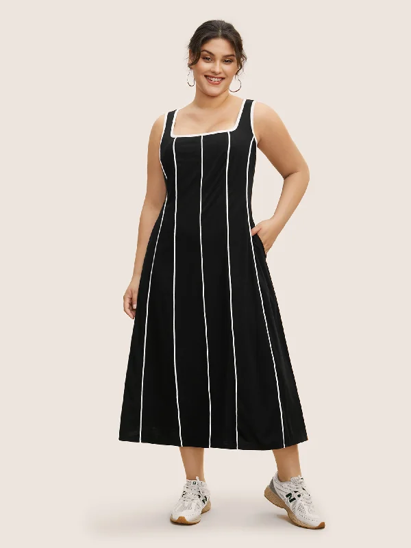 Square Neck Contrast Trim Midi Dress Best midi dresses for hourglass body shape