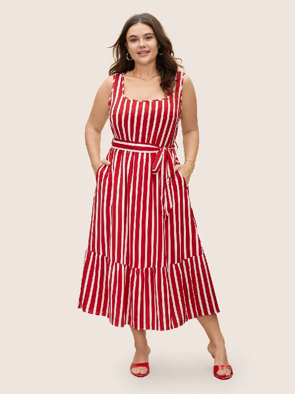 Square Neck Striped Belted Midi Dress Satin midi dresses