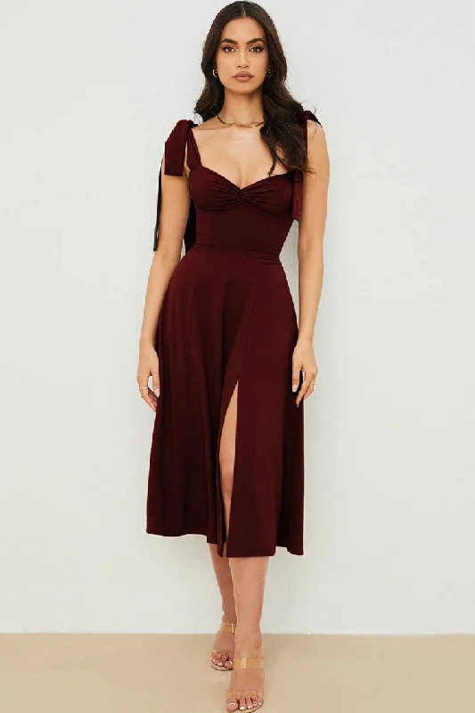 Tie Strap Fit & Flare High Slit Slip Midi Dress - Dark Wine Cotton midi dresses