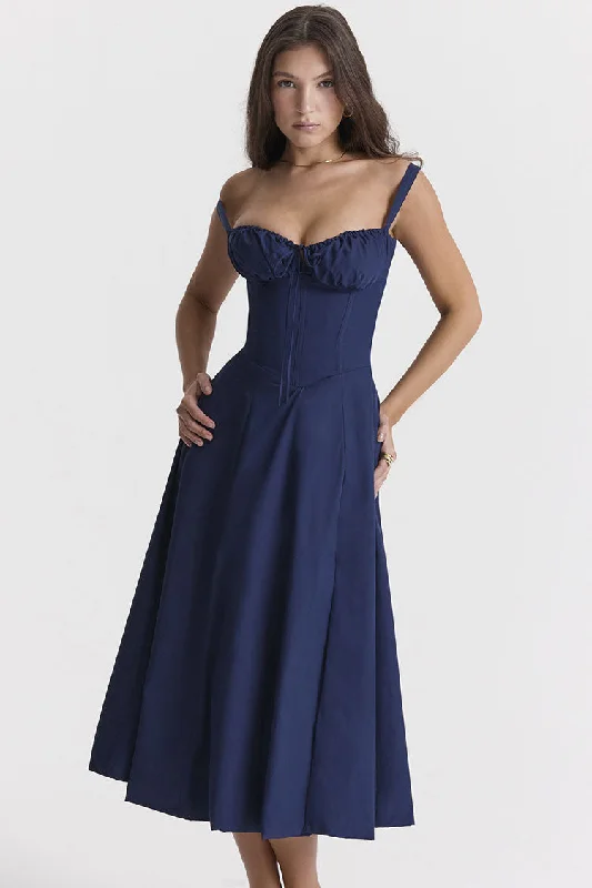 Vintage Tie Front Lace Up Back Fit & Flare Split Midi Sundress - Navy blue Date night midi dresses