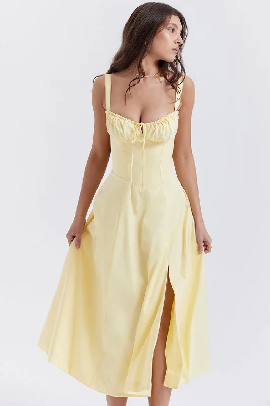 Vintage Tie Front Lace Up Back Fit & Flare Split Midi Sundress - Yellow Formal midi dresses